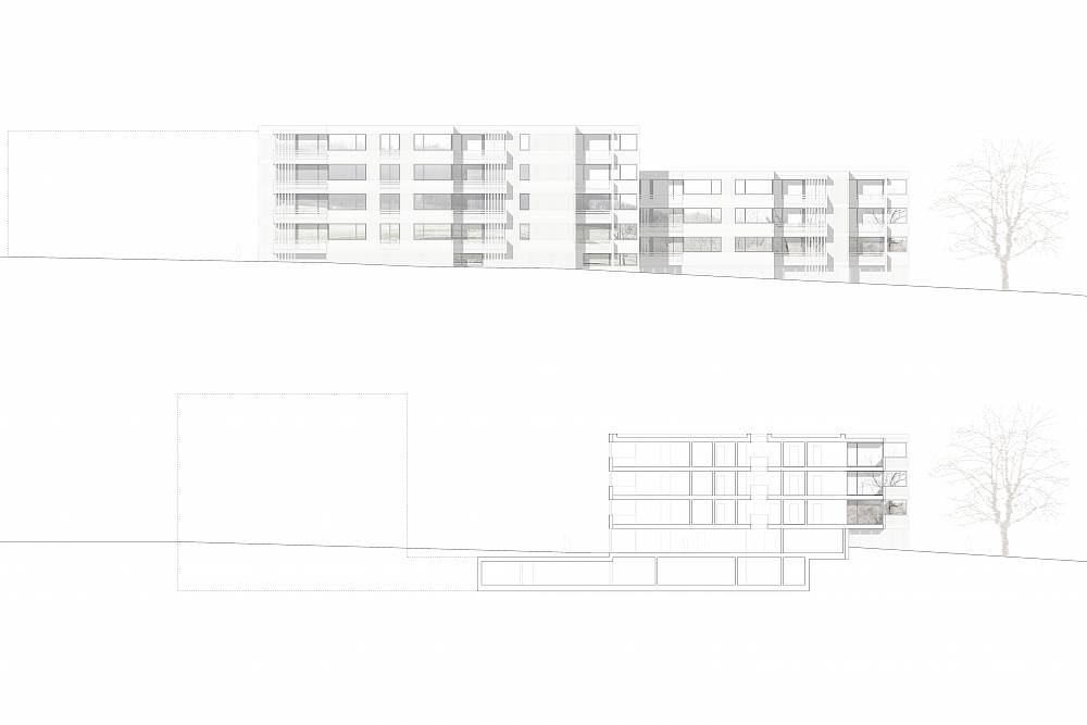 Wohnen für Generationen, OrmalingenSüdfassade und Schnitt Seniorenwohnungen